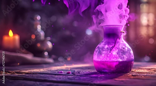 Purple potion in a flask emitting gases on a big wooden table photo