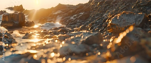 Rocky seashore hit by waves in the raising tide