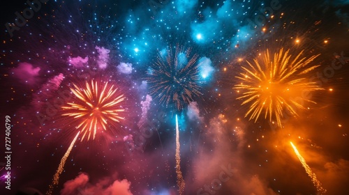 An explosion of colorful fireworks against a dark sky, marking a spectacular ...