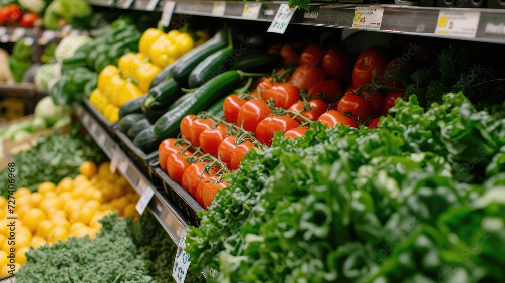 greens and various vegetables displayed at the grocery store, showcasing their freshness and diversity, inviting customers to explore a colorful and nutritious selection.