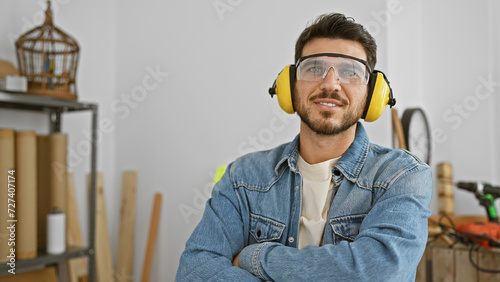 A smiling young hispanic man with a beard, wearing safety goggles and ear protection, arms crossed in a carpentry workshop. photo