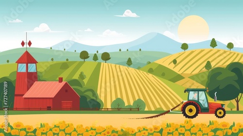 Illustration agriculture and Farming landscape with tractor cartoon style. Generated AI image