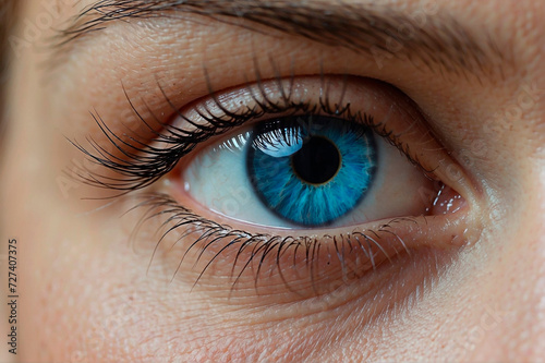 Closeup on an light blue eye with long natural eyelashes.