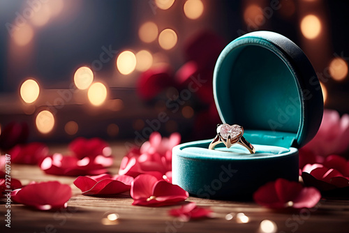 Closeup on a open box showing a heart-shaped diamond ring on a table with rose petals. BLurred bokeh background. photo