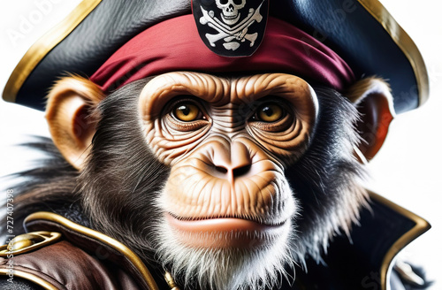 Portrait of a pirate monkey on a white background. Close-up. Generated AI