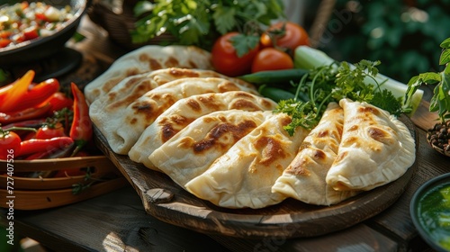 a traditional Turkish meal featuring savory stuffed turnovers, served alongside fresh vegetables in an outdoor setting, evoking the vibrant flavors and cultural richness of Turkish cuisine.