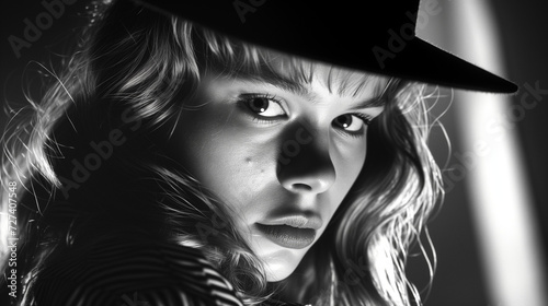 A mysterious woman, wearing a hat, is captured in a black and white photograph illuminated by low-angle lighting, creating an ominous atmosphere