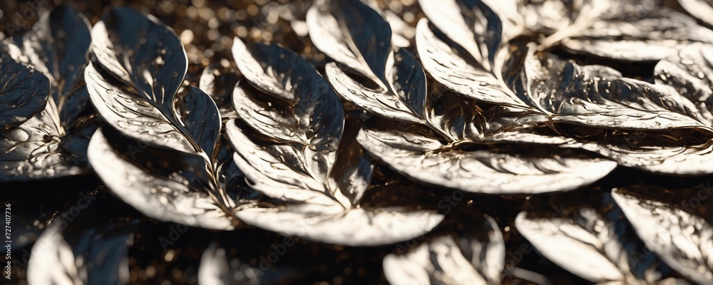 there are many silver leaves on a metal surface