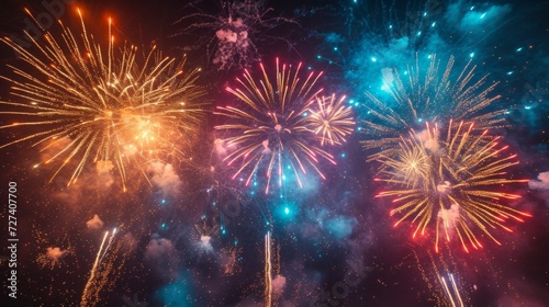 An explosion of colorful fireworks against a dark sky, marking a spectacular ...