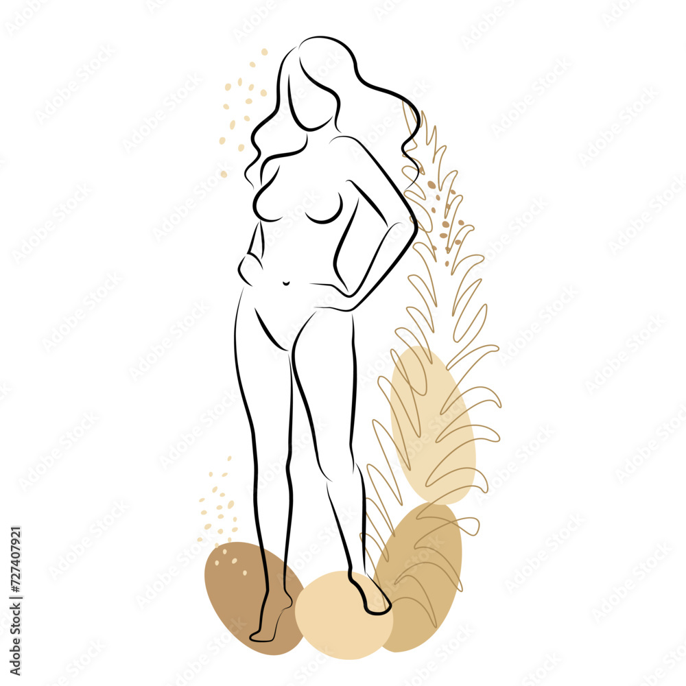 Silhouette of a cute lady and leaves of a plant. The girl is standing. The woman has a beautiful naked figure. She is young and slim. Vector illustration.