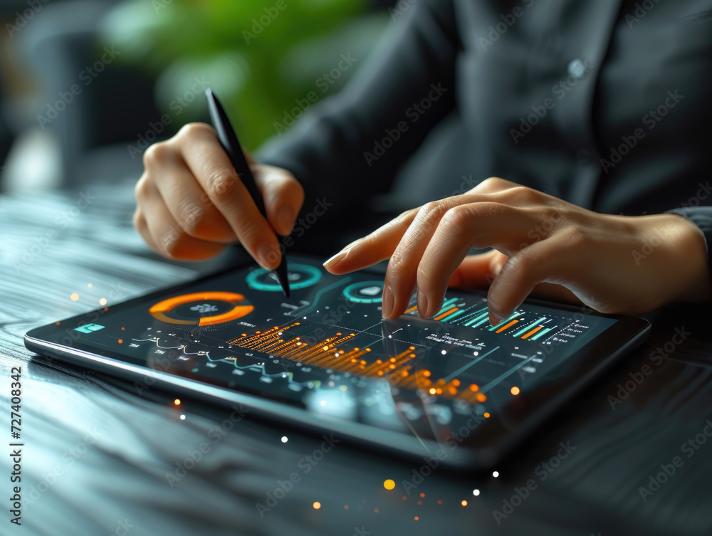 Closeup hands of business woman working on digital tablet with futuristic graphs and interface Closeup hands of business woman working on digital tablet with futuristic graphs and interface