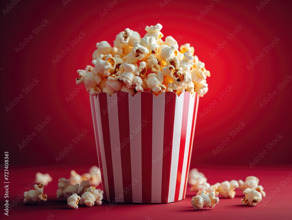 classic red and white cardboard box of popcorn on red background