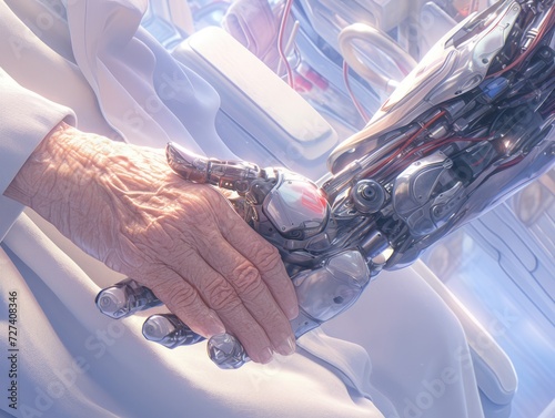 Medical AI robot helping elderly people, holding old person hand