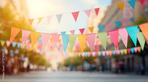 party colorful flags decoration on blurry background. city festival Generative AI	 photo