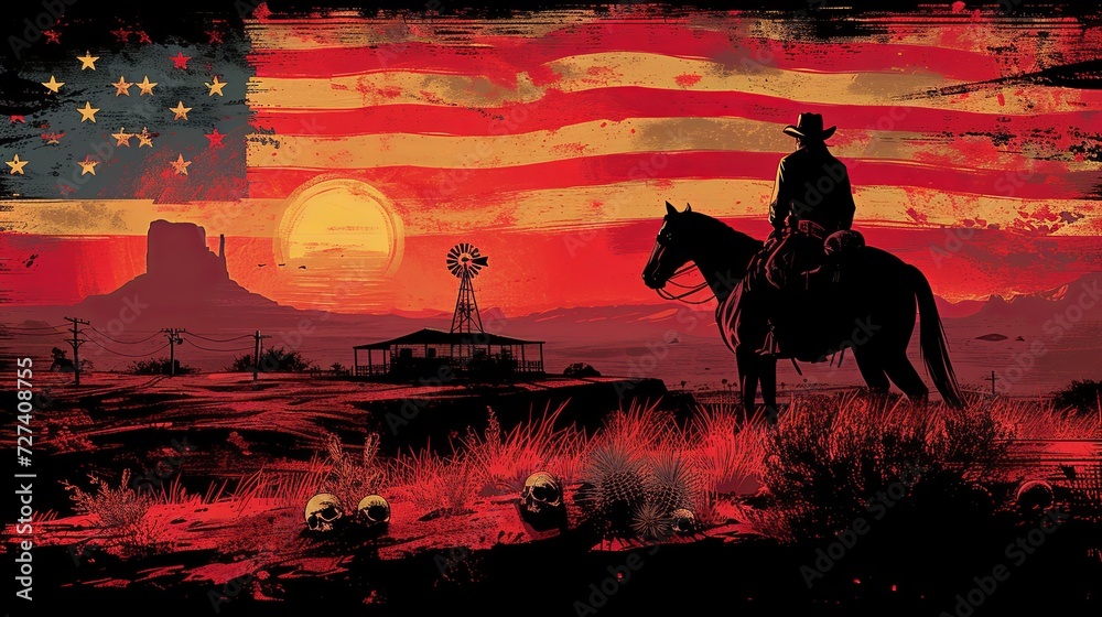 Fototapeta premium A Man Riding a Horse in Front of a Flag
