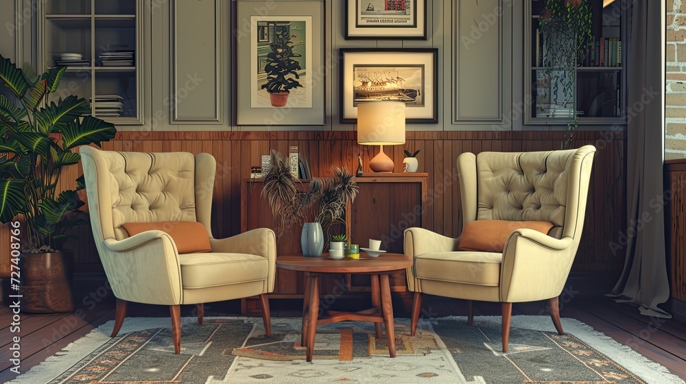 Fototapeta premium an elegant and practical chair table set, adding a touch of vintage sophistication to a cozy indoor living space.