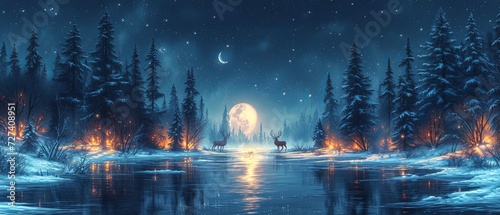 Night Scene With Deer by Lake