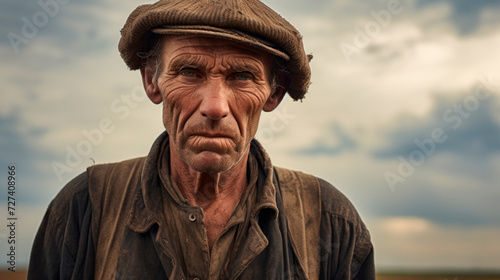 Portrait of an old man of a tired working farmer in dirty work clothes against a blurred background of a field and farmland. Rural life. Strength of spirit and diligence