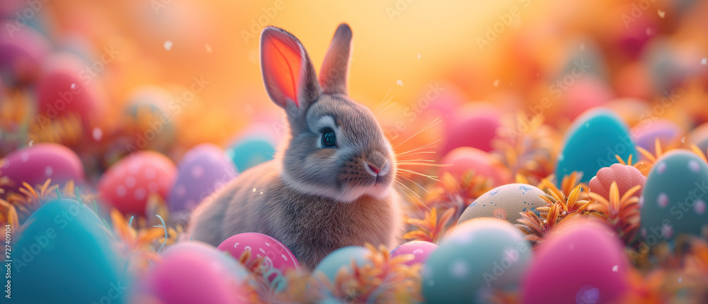 Easter banner with cute bunny and bright eggs Easter banner with cute bunny and bright eggs