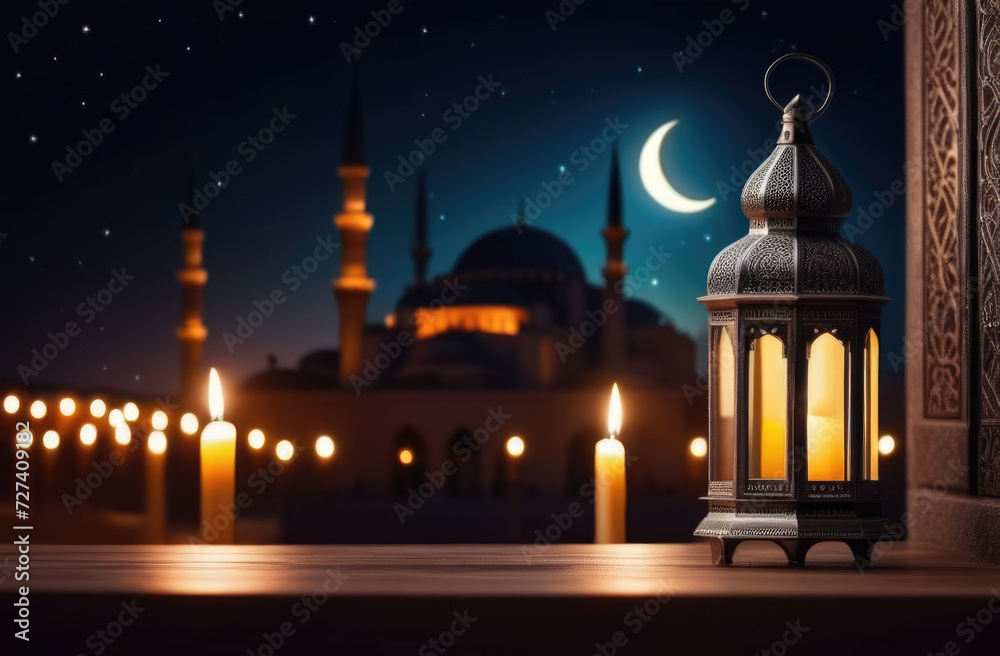Eid al-Fitr, Laylat al-Qadr, holy month of Ramadan,Arabic fanus lantern on a wooden windowsill, candles, view from the window, mosque with minarets, moon moon and stars, magical atmosphere