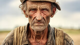 Portrait Close-up of a farmer man in the field with a firm and confident expression of his face, speaking of diligence and fortitude, against a blurred natural background. Endurance and perseverance