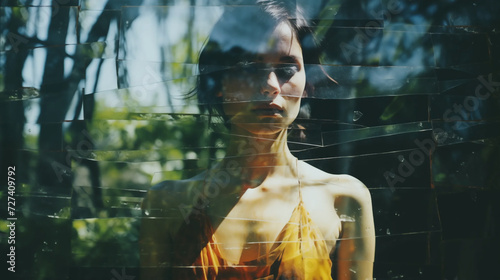 Reflective woman through broken glass