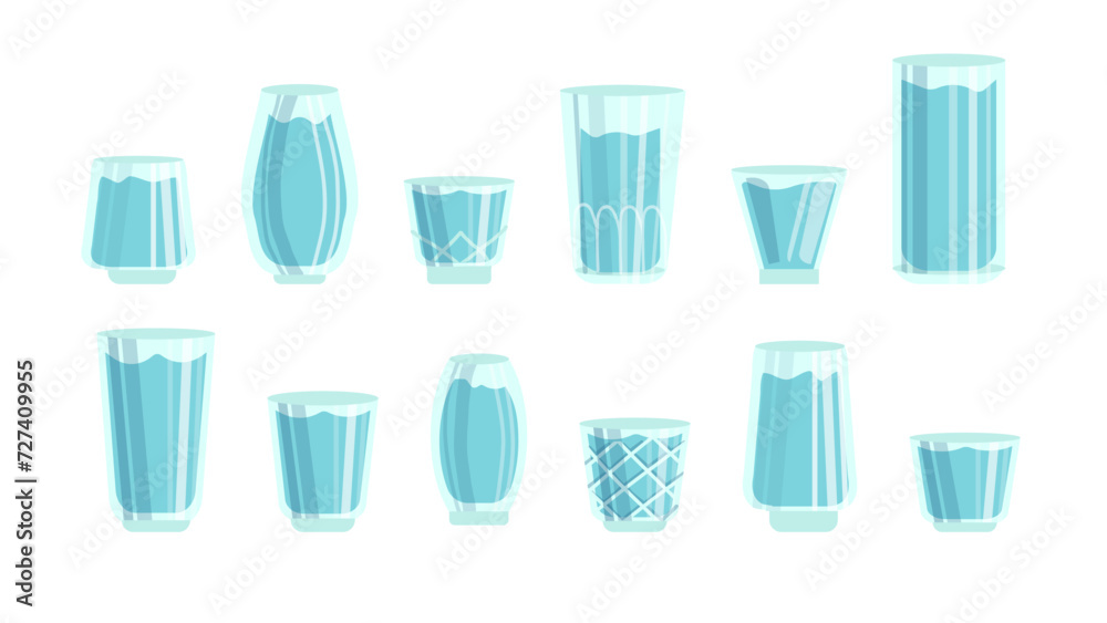 set of water glasses of various shapes and sizes, hand-drawn illustrations in a flat cartoon style. set of water glasses of various shapes and sizes, hand-drawn illustrations in a flat cartoon style.