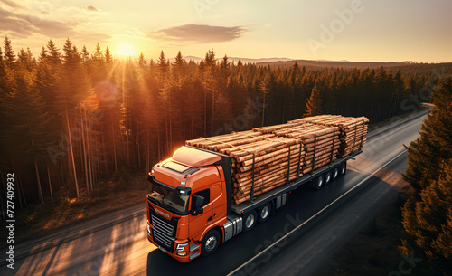 A cargo trailer with a large logging truck with a pine tree on the road. photo