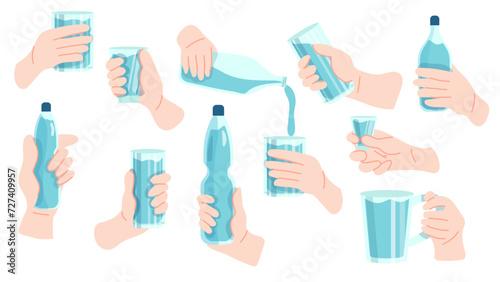  set of hands holding glasses and water bottles, hand-drawn illustrations in a flat cartoon style.