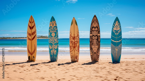 Five brightly colored surfboards with tribal patterns standing upright on a sandy beach with crystal blue waters and clear skies in the background. Active beach lifestyle. Surf School