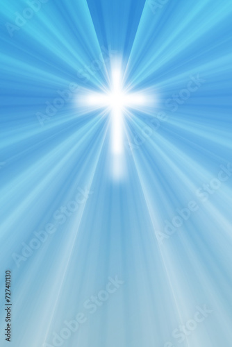 Easter illustration with a shining cross on blue sky with lightbeam.