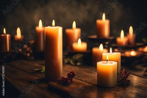  A Close-Up Exploration of a Multicolored Candle Composition on a Beige Canvas, Adorned with Elegant Golden Decorations, Confetti, and Delicate Bokeh. Unveiling a Captivating Christmas Background Infu
