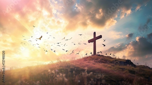 Easter Scene with Jesus, Holy Scene, Thanksgiving, Resurrection and Crucifix photo