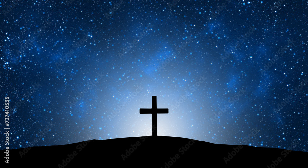 Easter illustration with a cross on hill and blue starry sky at night. - obrazy, fototapety, plakaty 