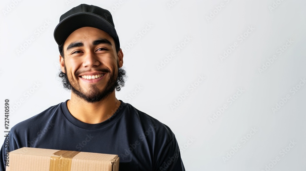 Happy delivery man with a package. Concept of friendly service, fast shipping, and customer satisfaction. On white background. Banner with copy space Happy delivery man with a package. Concept of friendly service, fast shipping, and customer satisfaction. On white background. Banner with copy space