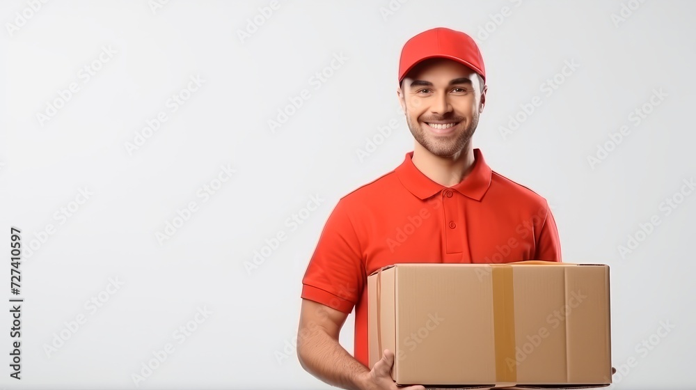 Joyful delivery guy with a package. Isolated on white background. Concept of courier service, online shopping fulfillment, and prompt shipment. Banner with copy space Joyful delivery guy with a package. Isolated on white background. Concept of courier service, online shopping fulfillment, and prompt shipment. Banner with copy space