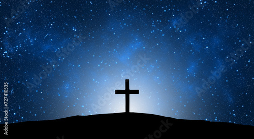Foto Easter illustration with a cross on hill and blue starry sky at night