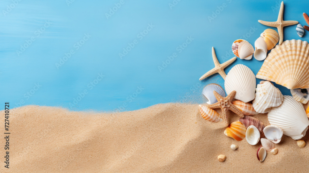 Seashells, starfish and sea stones on a blue background. Golden sand and sea scenery. Summer vacation and travel concept. Flat lay, top view, copy space Seashells, starfish and sea stones on a blue background. Golden sand and sea scenery. Summer vacation and travel concept. Flat lay, top view, copy space