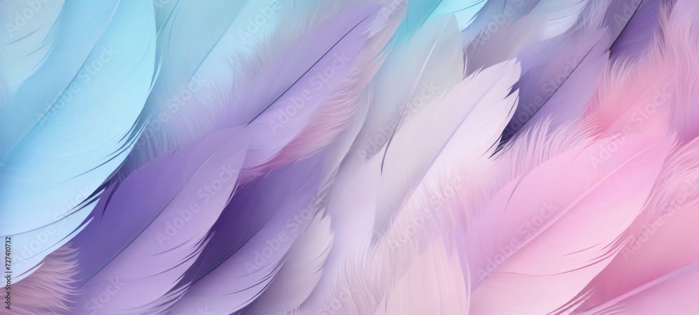 Multicolored feathers in pastel colors in shades of pink, blue, and purple. Feathers texture background. Use as Backdrops for design projects, Fashion or decor. Concept of Softness and elegance.