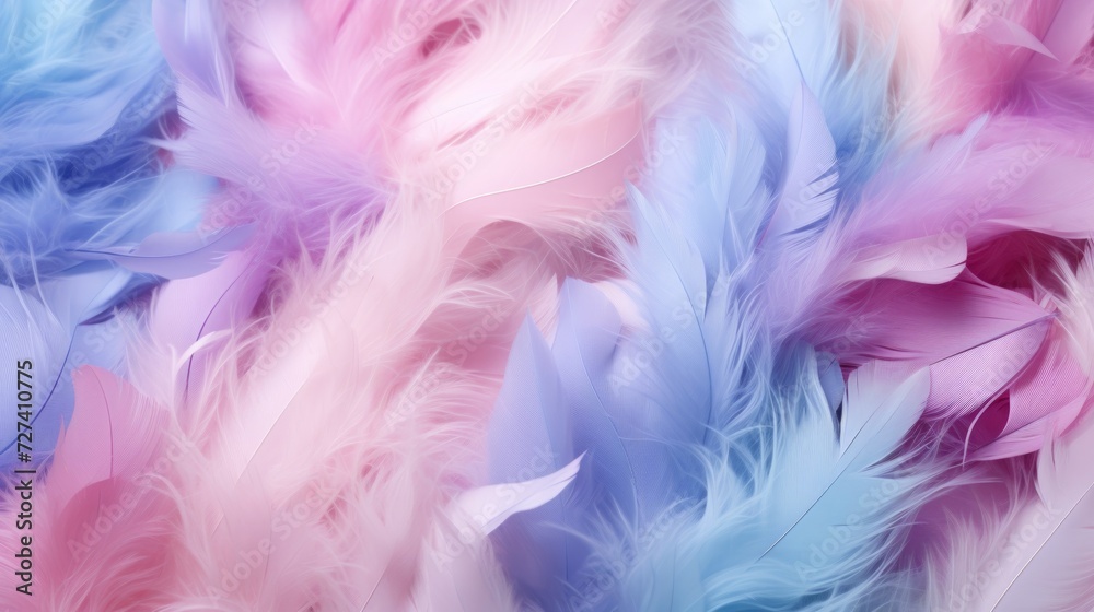 Soft feathers in pastel colors in shades of peach, purple and blue. Feathers texture background. Use as Backdrops for design projects, Fashion or decor. Concept of Softness and elegance.