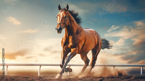 Horse galloping in sandy arena. Concept of freedom, power, equine grace, sports equestrian club, horse training. Animal in motion.