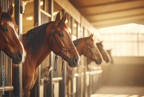 Horses peering out from stable boxes. Concept of equine care, stable management, horse breeding, animal housing, sports equestrian club, farm life, equine curiosity. photo
