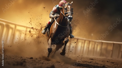 A thoroughbred horse racing on a track with a jockey, kicking up a cloud of dust. Concept of competition, horse racing, speed, and victory.