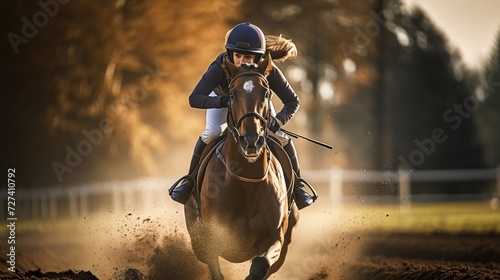 Female jockey riding a bay horse in full gallop. Concept of equestrian sport, horseback riding, race training, and athleticism.
