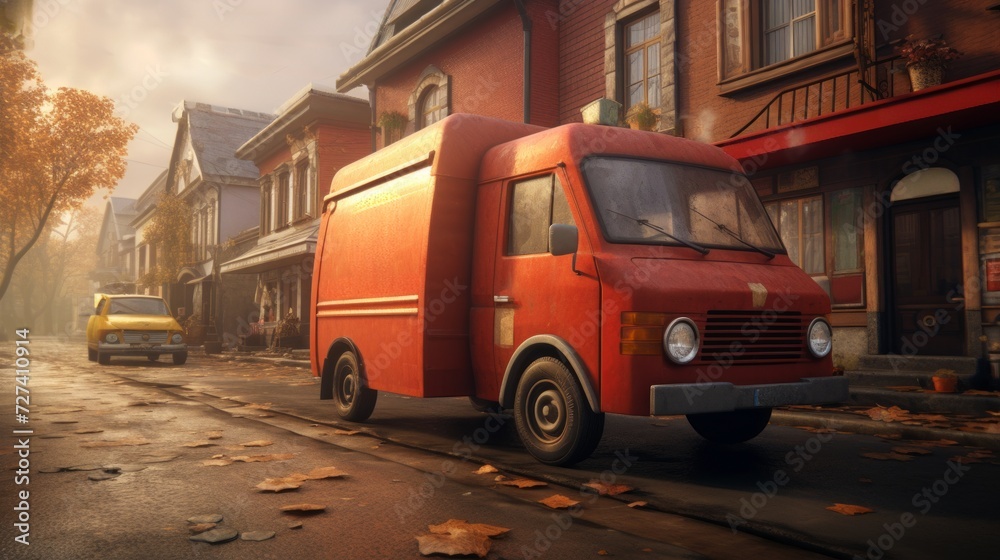 Classic red delivery vehicle parked in a tranquil neighborhood. Concept of retro logistics, local delivery, and autumnal setting.