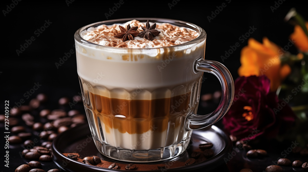 A specialty brewed cup of coffee in a scene of coffee beans. Assorted iced coffee. composition with cold summer drinks: espresso tonic, ice moccachino and latte.