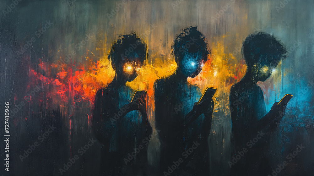 three teens addicted to their smartphones, abstract oil painting