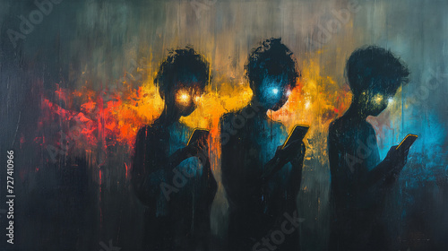 three teens addicted to their smartphones, abstract oil painting photo