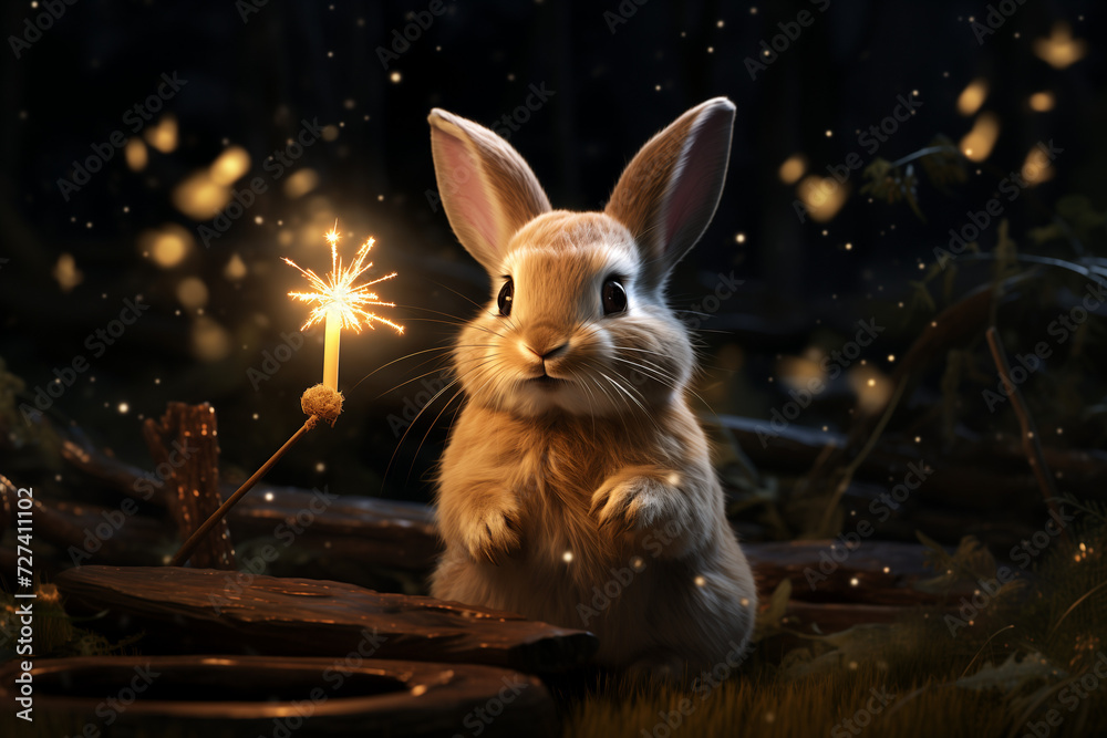 Rabbit with sparkler playing outdoors.