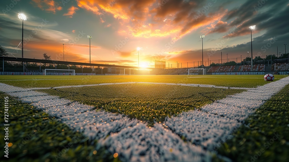 textured free soccer field in the evening light - center, midfield with the soccer ball - obrazy, fototapety, plakaty 